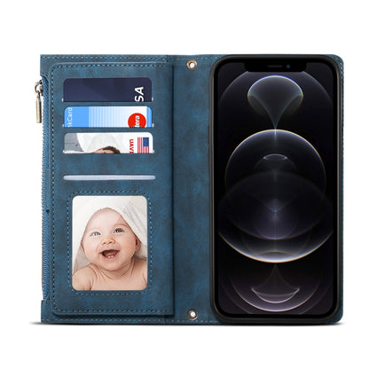 For iPhone 12 Retro Frosted Horizontal Flip Leather Case with Holder & Card Slot & Wallet & Zipper Pocket & Lanyard(Deep Green) - iPhone 12 / 12 Pro Cases by buy2fix | Online Shopping UK | buy2fix