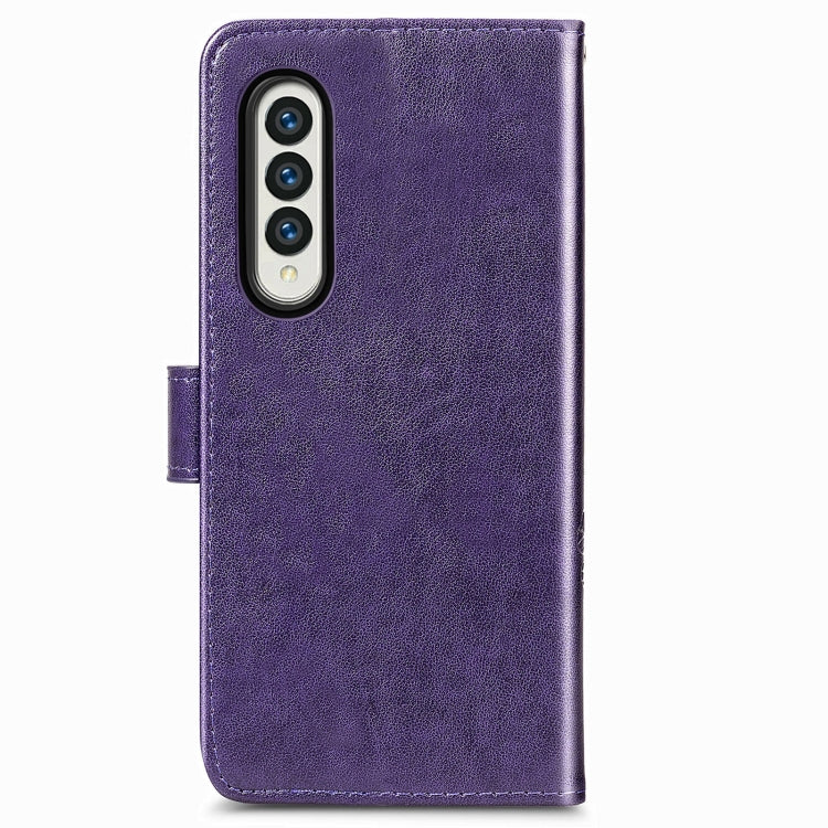 For Samsung Galaxy Z Fold3 5G Four-leaf Clasp Embossed Buckle Mobile Phone Protection Leather Case with Lanyard & Card Slot & Wallet & Bracket Function(Purple) by buy2fix