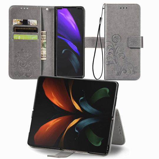 For Samsung Galaxy Z Fold3 5G Four-leaf Clasp Embossed Buckle Mobile Phone Protection Leather Case with Lanyard & Card Slot & Wallet & Bracket Function(Grey)