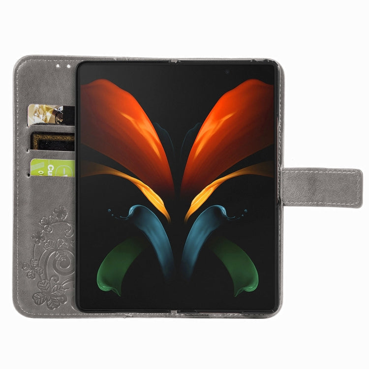 For Samsung Galaxy Z Fold3 5G Four-leaf Clasp Embossed Buckle Mobile Phone Protection Leather Case with Lanyard & Card Slot & Wallet & Bracket Function(Grey) by buy2fix