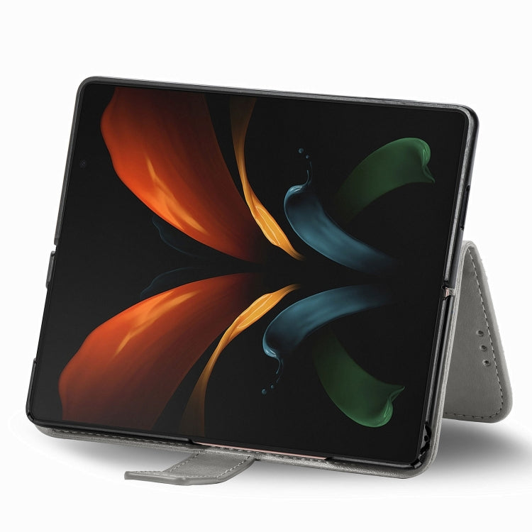 For Samsung Galaxy Z Fold3 5G Four-leaf Clasp Embossed Buckle Mobile Phone Protection Leather Case with Lanyard & Card Slot & Wallet & Bracket Function(Grey) by buy2fix