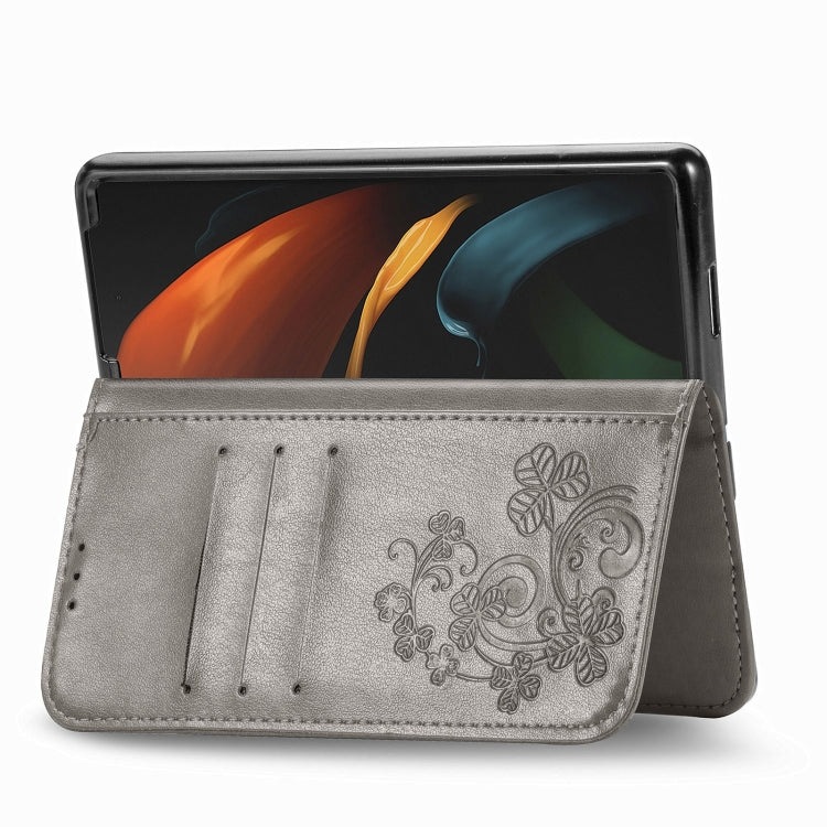 For Samsung Galaxy Z Fold3 5G Four-leaf Clasp Embossed Buckle Mobile Phone Protection Leather Case with Lanyard & Card Slot & Wallet & Bracket Function(Grey) by buy2fix