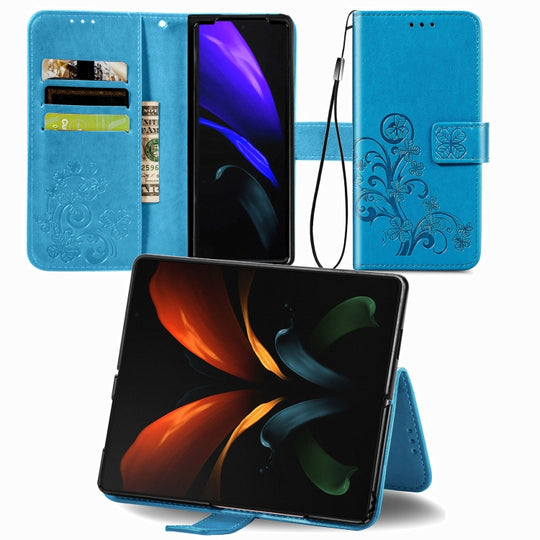 For Samsung Galaxy Z Fold3 5G Four-leaf Clasp Embossed Buckle Mobile Phone Protection Leather Case with Lanyard & Card Slot & Wallet & Bracket Function(Blue)