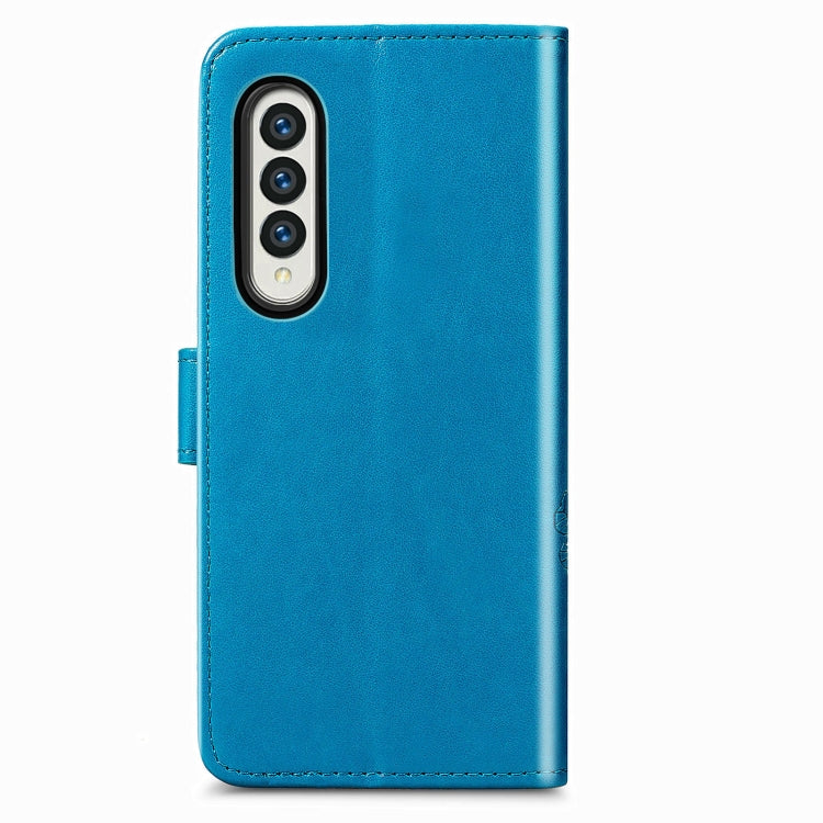 For Samsung Galaxy Z Fold3 5G Four-leaf Clasp Embossed Buckle Mobile Phone Protection Leather Case with Lanyard & Card Slot & Wallet & Bracket Function(Blue) by buy2fix