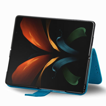 For Samsung Galaxy Z Fold3 5G Four-leaf Clasp Embossed Buckle Mobile Phone Protection Leather Case with Lanyard & Card Slot & Wallet & Bracket Function(Blue) by buy2fix