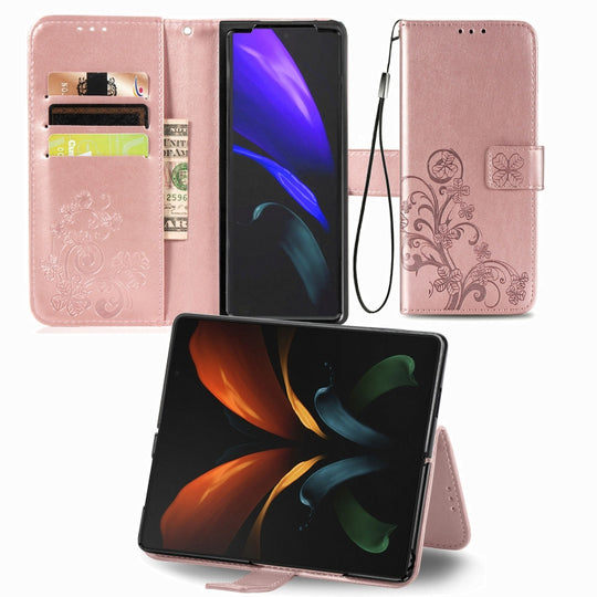 For Samsung Galaxy Z Fold3 5G Four-leaf Clasp Embossed Buckle Mobile Phone Protection Leather Case with Lanyard & Card Slot & Wallet & Bracket Function(Rose Gold)