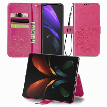 For Samsung Galaxy Z Fold3 5G Four-leaf Clasp Embossed Buckle Mobile Phone Protection Leather Case with Lanyard & Card Slot & Wallet & Bracket Function(Rose Red) by buy2fix