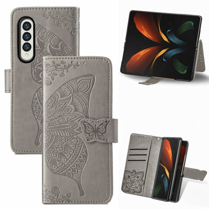 For Samsung Galaxy Z Fold3 5G Butterfly Love Flowers Embossed Horizontal Flip Leather Case with Holder & Card Slots & Wallet & Lanyard(Grey) by buy2fix