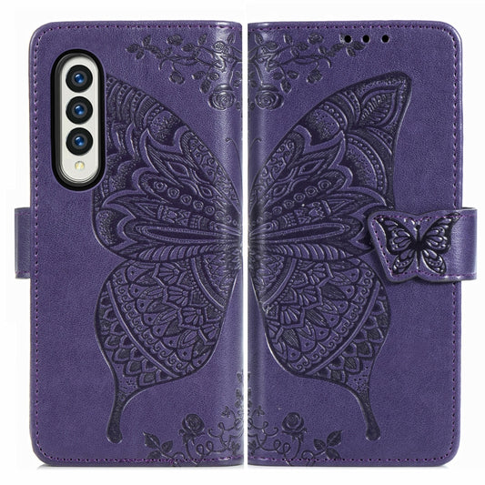 For Samsung Galaxy Z Fold3 5G Butterfly Love Flowers Embossed Horizontal Flip Leather Case with Holder & Card Slots & Wallet & Lanyard(Dark Purple) by buy2fix