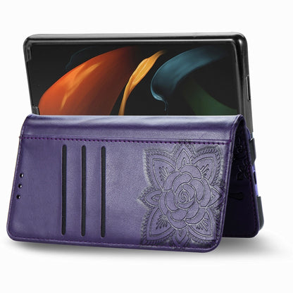 For Samsung Galaxy Z Fold3 5G Butterfly Love Flowers Embossed Horizontal Flip Leather Case with Holder & Card Slots & Wallet & Lanyard(Dark Purple) by buy2fix