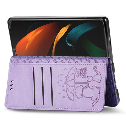 For Samsung Galaxy Z Fold3 5G Lovely Cat and Dog Embossing Pattern Horizontal Flip Leather Case , with Holder & Card Slots & Wallet(Purple) by buy2fix