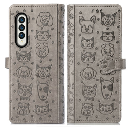 For Samsung Galaxy Z Fold3 5G Lovely Cat and Dog Embossing Pattern Horizontal Flip Leather Case , with Holder & Card Slots & Wallet(Grey) by buy2fix