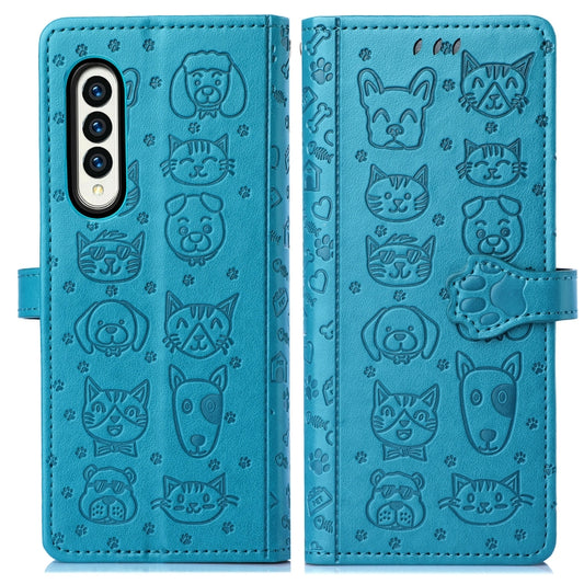 For Samsung Galaxy Z Fold3 5G Lovely Cat and Dog Embossing Pattern Horizontal Flip Leather Case , with Holder & Card Slots & Wallet(Blue) by buy2fix