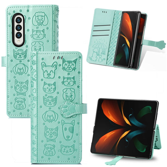 For Samsung Galaxy Z Fold3 5G Lovely Cat and Dog Embossing Pattern Horizontal Flip Leather Case , with Holder & Card Slots & Wallet(Green) by buy2fix