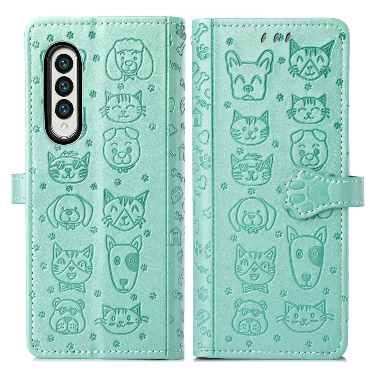 For Samsung Galaxy Z Fold3 5G Lovely Cat and Dog Embossing Pattern Horizontal Flip Leather Case , with Holder & Card Slots & Wallet(Green) by buy2fix