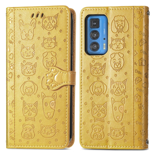 For Motorola Edge 20 Pro Lovely Cat and Dog Embossing Pattern Horizontal Flip Leather Case , with Holder & Card Slots & Wallet & Cartoon Clasp & Lanyard(Yellow) by buy2fix