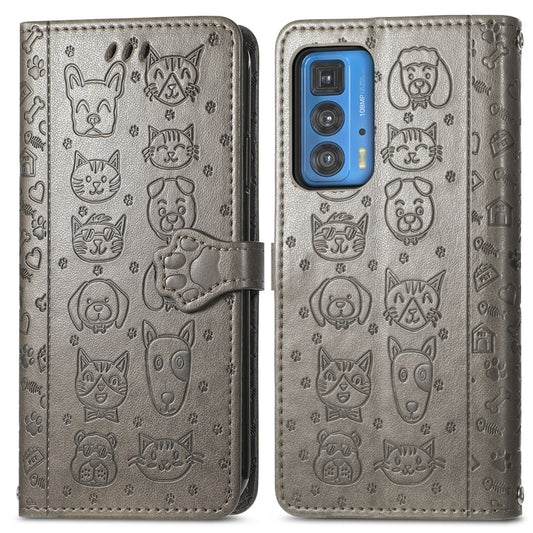 For Motorola Edge 20 Pro Lovely Cat and Dog Embossing Pattern Horizontal Flip Leather Case , with Holder & Card Slots & Wallet & Cartoon Clasp & Lanyard(Grey) by buy2fix