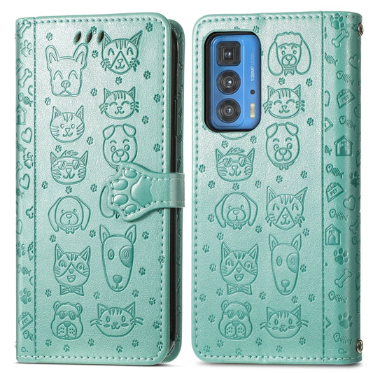 For Motorola Edge 20 Pro Lovely Cat and Dog Embossing Pattern Horizontal Flip Leather Case , with Holder & Card Slots & Wallet & Cartoon Clasp & Lanyard(Green) by buy2fix