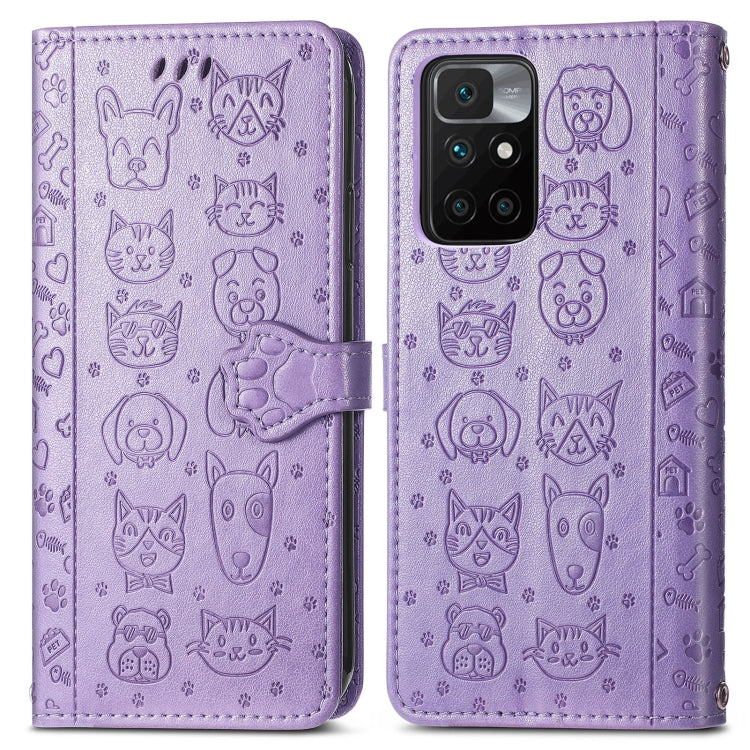 For Xiaomi Redmi 10 Lovely Cat and Dog Embossing Pattern Horizontal Flip Leather Case , with Holder & Card Slots & Wallet & Cartoon Clasp & Lanyard(Purple) - Xiaomi Cases by buy2fix | Online Shopping UK | buy2fix