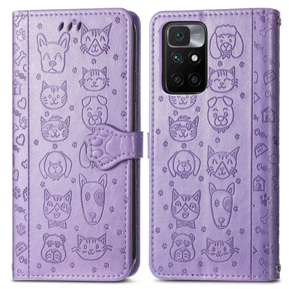 For Xiaomi Redmi 10 Lovely Cat and Dog Embossing Pattern Horizontal Flip Leather Case , with Holder & Card Slots & Wallet & Cartoon Clasp & Lanyard(Purple) - Xiaomi Cases by buy2fix | Online Shopping UK | buy2fix