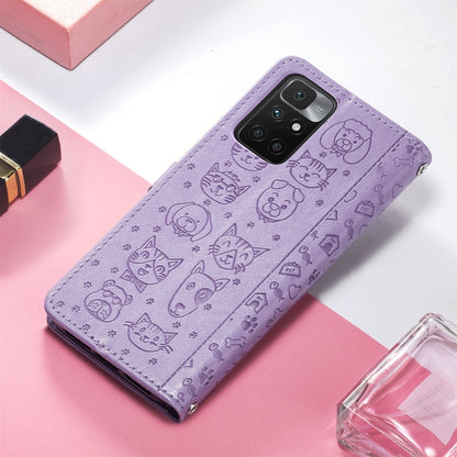 For Xiaomi Redmi 10 Lovely Cat and Dog Embossing Pattern Horizontal Flip Leather Case , with Holder & Card Slots & Wallet & Cartoon Clasp & Lanyard(Purple) - Xiaomi Cases by buy2fix | Online Shopping UK | buy2fix