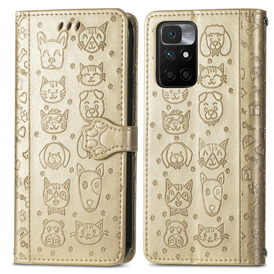 For Xiaomi Redmi 10 Lovely Cat and Dog Embossing Pattern Horizontal Flip Leather Case , with Holder & Card Slots & Wallet & Cartoon Clasp & Lanyard(Gold) by buy2fix