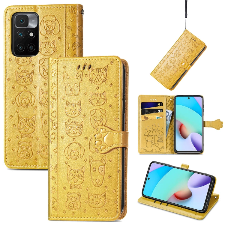 For Xiaomi Redmi 10 Lovely Cat and Dog Embossing Pattern Horizontal Flip Leather Case , with Holder & Card Slots & Wallet & Cartoon Clasp & Lanyard(Yellow) - Xiaomi Cases by buy2fix | Online Shopping UK | buy2fix