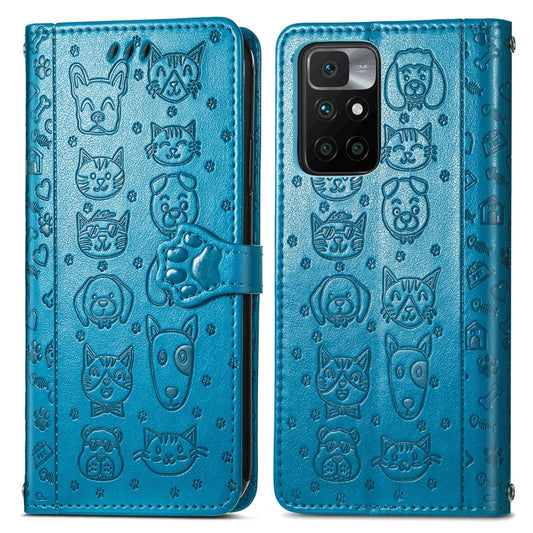 For Xiaomi Redmi 10 Lovely Cat and Dog Embossing Pattern Horizontal Flip Leather Case , with Holder & Card Slots & Wallet & Cartoon Clasp & Lanyard(Blue) by buy2fix