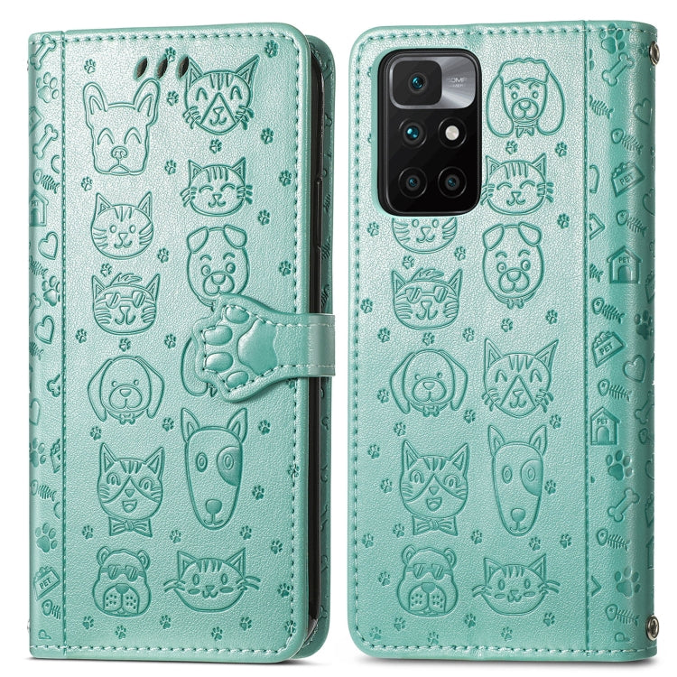 For Xiaomi Redmi 10 Lovely Cat and Dog Embossing Pattern Horizontal Flip Leather Case , with Holder & Card Slots & Wallet & Cartoon Clasp & Lanyard(Green) - Xiaomi Cases by buy2fix | Online Shopping UK | buy2fix