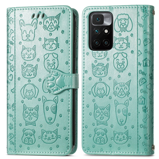 For Xiaomi Redmi 10 Lovely Cat and Dog Embossing Pattern Horizontal Flip Leather Case , with Holder & Card Slots & Wallet & Cartoon Clasp & Lanyard(Green) by buy2fix
