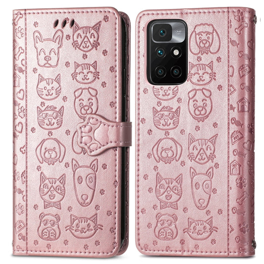 For Xiaomi Redmi 10 Lovely Cat and Dog Embossing Pattern Horizontal Flip Leather Case , with Holder & Card Slots & Wallet & Cartoon Clasp & Lanyard(Rose Gold) by buy2fix