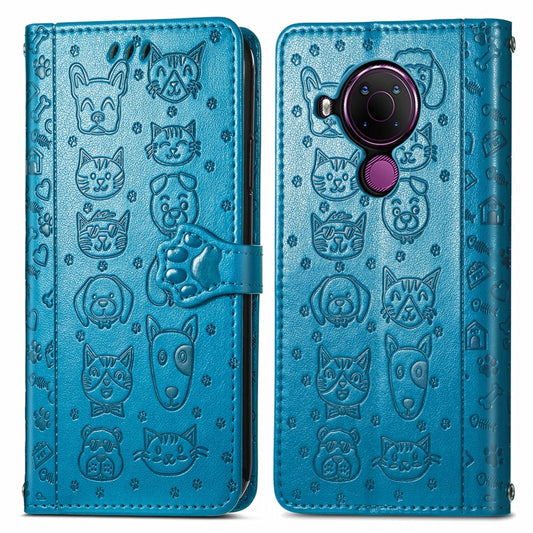 For Nokia 5.4 Lovely Cat and Dog Embossing Pattern Horizontal Flip Leather Case , with Holder & Card Slots & Wallet & Cartoon Clasp & Lanyard(Blue) by buy2fix