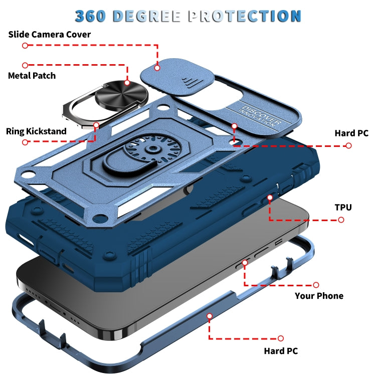 For iPhone 13 Sliding Camera Cover Design TPU + PC Protective Case with 360 Degree Rotating Holder & Card Slot(Blue+Blue) - iPhone 13 Cases by buy2fix | Online Shopping UK | buy2fix