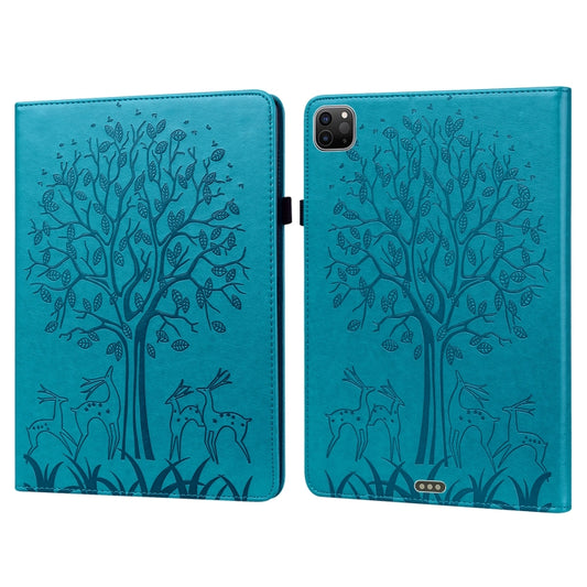 For iPad Air 2020 / Pro 11 2020 Tree & Deer Pattern Pressed Printing Horizontal Flip PU Leather Tablet Case with Holder & Card Slots & Sleep / Wake-up Function(Blue) - iPad Pro 11 (2020) Cases by buy2fix | Online Shopping UK | buy2fix