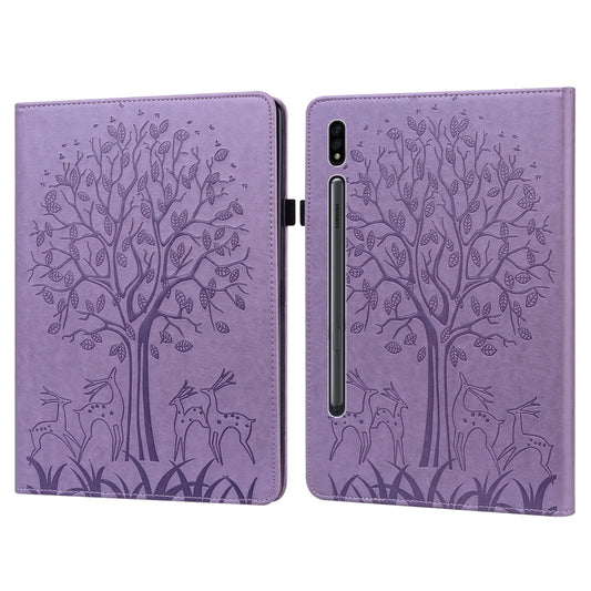 For Samsung Galaxy Tab S8 / Galaxy Tab S7 SM-T870 Tree & Deer Pattern Pressed Printing Horizontal Flip PU Leather Case with Holder & Card Slots(Purple) by buy2fix