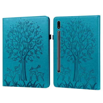 For Samsung Galaxy Tab S8 / Galaxy Tab S7 SM-T870 Tree & Deer Pattern Pressed Printing Horizontal Flip PU Leather Case with Holder & Card Slots(Blue) by buy2fix