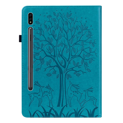 For Samsung Galaxy Tab S8 / Galaxy Tab S7 SM-T870 Tree & Deer Pattern Pressed Printing Horizontal Flip PU Leather Case with Holder & Card Slots(Blue) by buy2fix