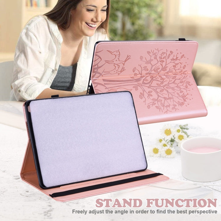 For Samsung Galaxy Tab S8 / Galaxy Tab S7 SM-T870 Tree & Deer Pattern Pressed Printing Horizontal Flip PU Leather Case with Holder & Card Slots(Pink) by buy2fix
