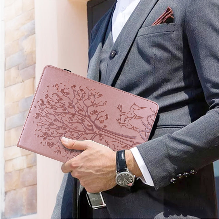 For Samsung Galaxy Tab S8 / Galaxy Tab S7 SM-T870 Tree & Deer Pattern Pressed Printing Horizontal Flip PU Leather Case with Holder & Card Slots(Pink) by buy2fix