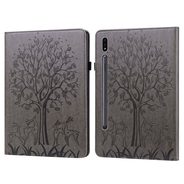 For Samsung Galaxy Tab S8 / Galaxy Tab S7 SM-T870 Tree & Deer Pattern Pressed Printing Horizontal Flip PU Leather Case with Holder & Card Slots(Grey) by buy2fix