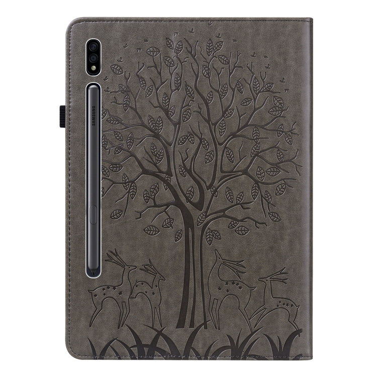 For Samsung Galaxy Tab S8 / Galaxy Tab S7 SM-T870 Tree & Deer Pattern Pressed Printing Horizontal Flip PU Leather Case with Holder & Card Slots(Grey) by buy2fix