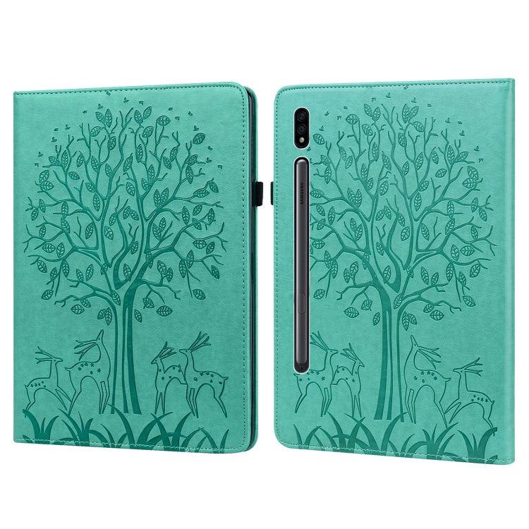 For Samsung Galaxy Tab S8 / Galaxy Tab S7 SM-T870 Tree & Deer Pattern Pressed Printing Horizontal Flip PU Leather Case with Holder & Card Slots(Green) by buy2fix