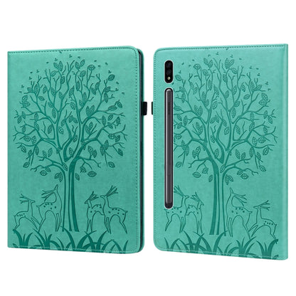 For Samsung Galaxy Tab S8 / Galaxy Tab S7 SM-T870 Tree & Deer Pattern Pressed Printing Horizontal Flip PU Leather Case with Holder & Card Slots(Green) by buy2fix