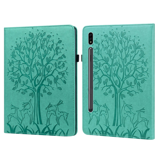 For Samsung Galaxy Tab S8 / Galaxy Tab S7 SM-T870 Tree & Deer Pattern Pressed Printing Horizontal Flip PU Leather Case with Holder & Card Slots(Green) by buy2fix