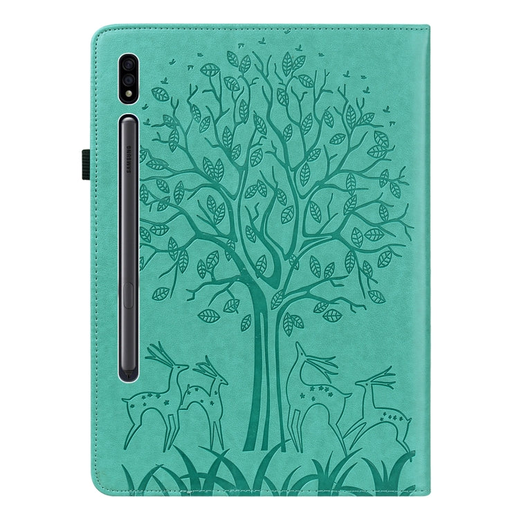 For Samsung Galaxy Tab S8 / Galaxy Tab S7 SM-T870 Tree & Deer Pattern Pressed Printing Horizontal Flip PU Leather Case with Holder & Card Slots(Green) by buy2fix