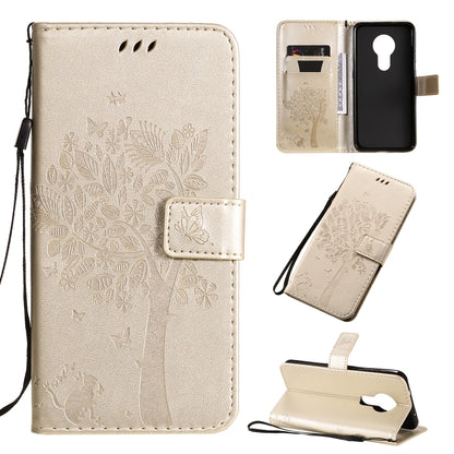 For Nokia 7.2 Tree & Cat Pattern Pressed Printing Horizontal Flip PU Leather Case with Holder & Card Slots & Wallet & Lanyard(Gold) - Nokia Cases by buy2fix | Online Shopping UK | buy2fix