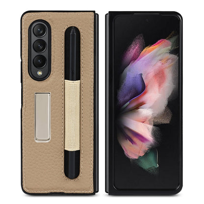 For Samsung Galaxy Z Fold3 5G Litchi Texture Leather Protective Case with Holder & Pen Slot(Brown) by buy2fix