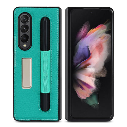 For Samsung Galaxy Z Fold3 5G Litchi Texture Leather Protective Case with Holder & Pen Slot(Green) - Galaxy Phone Cases by buy2fix | Online Shopping UK | buy2fix