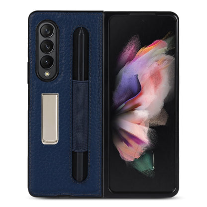For Samsung Galaxy Z Fold3 5G Litchi Texture Leather Protective Case with Holder & Pen Slot(Blue) by buy2fix