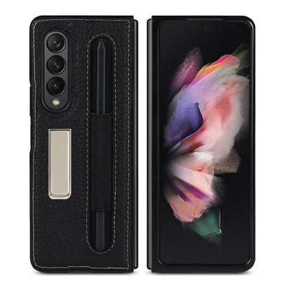 For Samsung Galaxy Z Fold3 5G Litchi Texture Leather Protective Case with Holder & Pen Slot(Black) by buy2fix